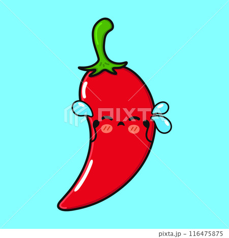 Crying Chili pepper character. Vector hand drawn cartoon kawaii character illustration icon. Isolated on blue background. Sad Chili pepper character concept Crying Chili pepper character. Vector hand drawn cartoon kawaii character illustration icon. Isolated on blue background. Sad Chili pepper character concept 116475875