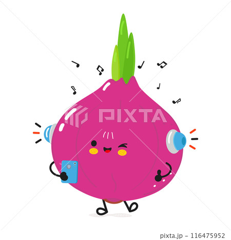 Onion listens to music on headphones with a smartphone. Vector hand drawn cartoon kawaii character illustration icon. Isolated on white background. Onion character concept 116475952