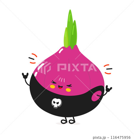 Onion heavy metal character. Vector hand drawn cartoon kawaii character illustration icon. Isolated on white background. Onion character concept Onion heavy metal character. Vector hand drawn cartoon kawaii character illustration icon. Isolated on white background. Onion character concept 116475956