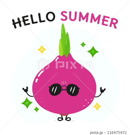Onion character. Hello summer card. Vector hand drawn cartoon kawaii character illustration icon. Isolated on white background Onion character concept 116475972