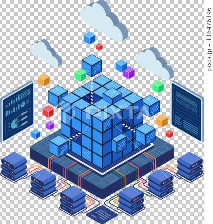 Isometric Data Center Block with Servers and Cloud Computing 116476196