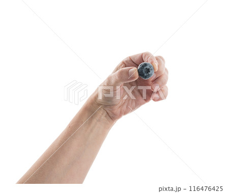 Mid aged female hold blueberry isolated on white 116476425