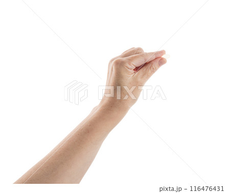 Mid aged female hold transparent pill isolated on white 116476431