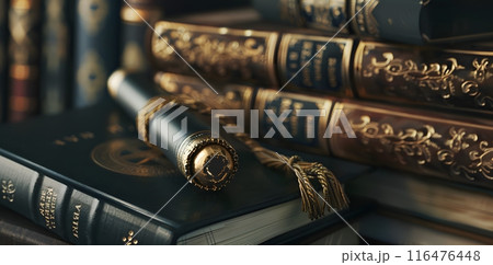 Close-Up View of Single Graduation Diploma with Ornate Design Highlighted Against Vintage Books 116476448