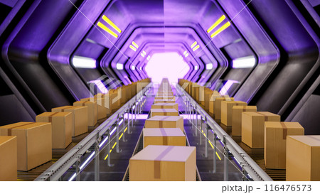 3D rendering of cardboard boxes on conveyor belts 3D rendering of cardboard boxes on conveyor belts 116476573