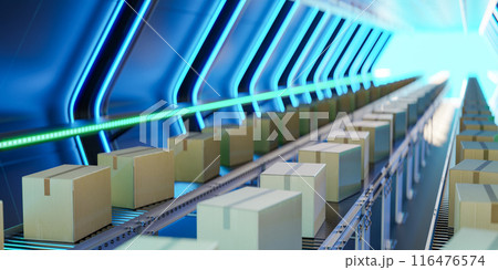 3D rendering of cardboard boxes on conveyor belts 3D rendering of cardboard boxes on conveyor belts 116476574