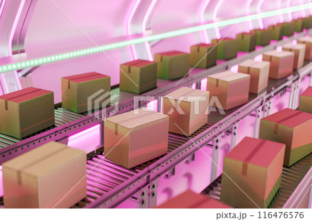 Warehouse reflecting in pink light with carton boxes on conveyers. 3d render Warehouse reflecting in pink light with carton boxes on conveyers. 3d render 116476576