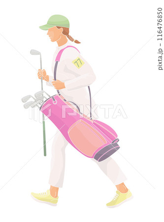 smiling golf club staff character  female caddiewith golf club and club bag 116476850