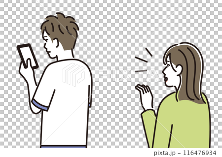 一個男孩全神貫注於他的智慧型手機，以至於沒有註意到母親的聲音。 116476934