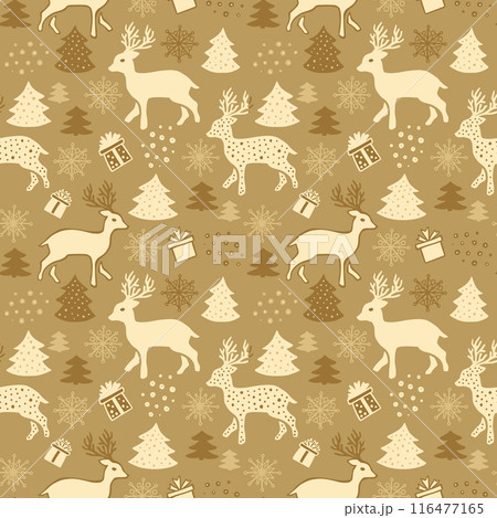 Beige Cute Hand Drawn Retro Seamless Pattern with Christmas Deer Animals and Pine Trees 116477165