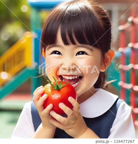 遊具の前でトマトを持つ女の子 116477267