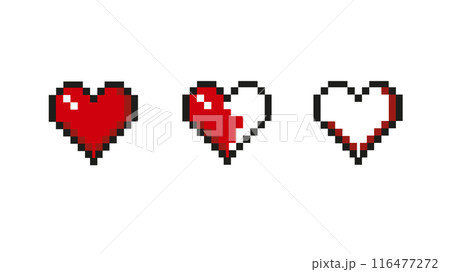 Three pixel red hearts, pixel life level, game progress indicators in the form of red hearts on white background Three pixel red hearts, pixel life level, game progress indicators in the form of red hearts on white background 116477272