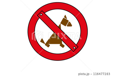 Red sticker prohibiting walking of dogs on white background, no dogs allowed sign, red circle with dog crossed out inside, no entry with animals 116477283