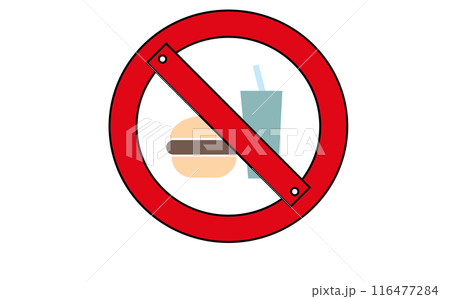 Red circle with burger and drink crossed out inside, red sticker prohibiting eating fast food on white background, entry with food and soda is prohibited Red circle with burger and drink crossed out inside, red sticker prohibiting eating fast food on white background, entry with food and soda is prohibited 116477284