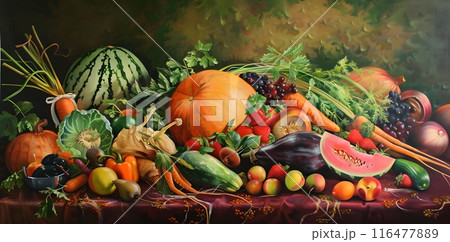 Vivid Portrayal of Fresh Summer Produce in Colorful Composition 116477889