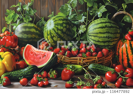Vibrant Display of Fresh Summer Fruits and Vegetables Bursting with Color and Flavor 116477892