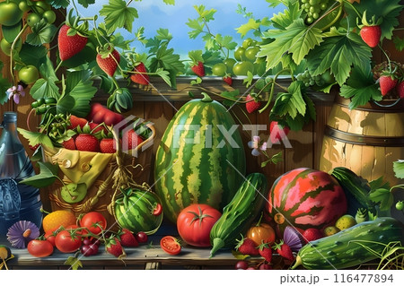 Rustic Still Life Painting with Vegetables on Wooden Shelf 116477894