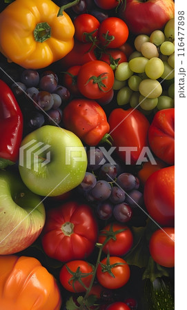 A Colorful Array of Fresh Fruits and Vegetables Showcases Summer's Vibrant Bounty 116477898