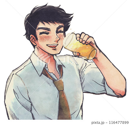 昭和劇画まんが風・楽しそうにビールを飲む会社員のイラスト 116477899
