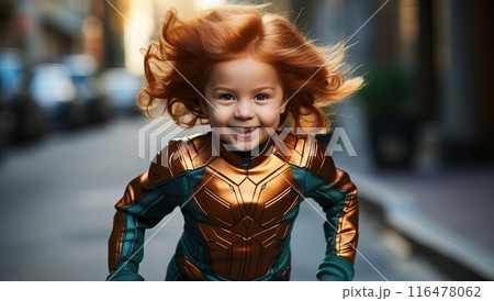 Joyful young redhead girl in a superhero costume running and playing on a city street. Concept of imagination, childhood, and strength. 116478062