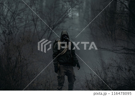 A man in camouflage in a post-apocalyptic, smoky, dark forest. Front view. 116478095