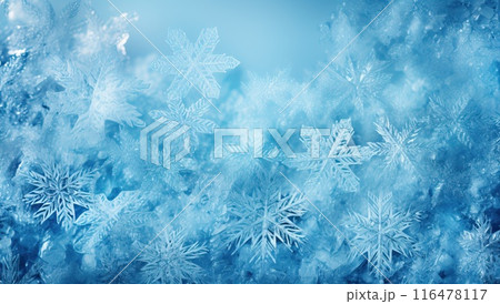 Sparkling Blue Frozen Ice Crystal Snowflake Background for Winter 116478117