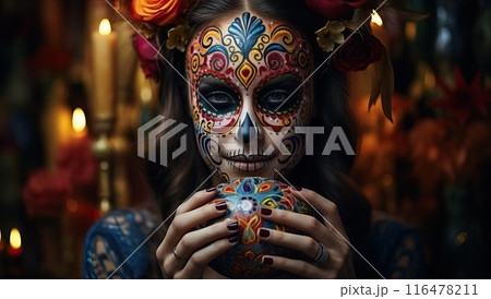 Woman with Sugar Skull Makeup for Day of the Dead Celebration Woman with Sugar Skull Makeup for Day of the Dead Celebration 116478211