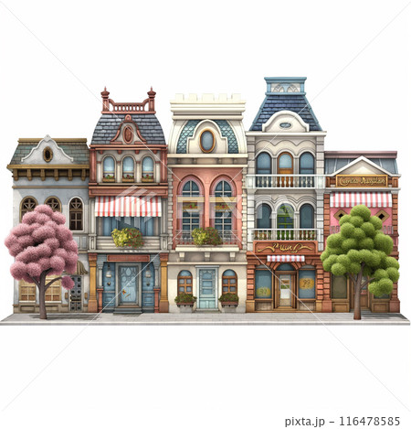街 並ぶ 建物 家 店 イラスト 116478585