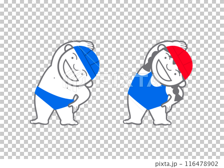 穿著泳衣的男孩女孩熱身,藍色帽子,紅色帽子 穿著泳衣的男孩女孩熱身,藍色帽子,紅色帽子 116478902