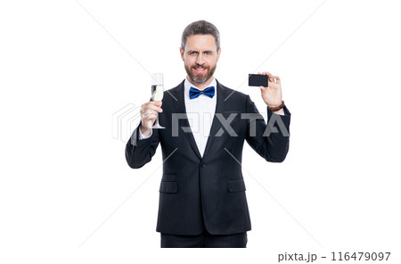 tuxedo man cheers and celebrate hold greeting card with copy space. cheers and celebrate. 116479097
