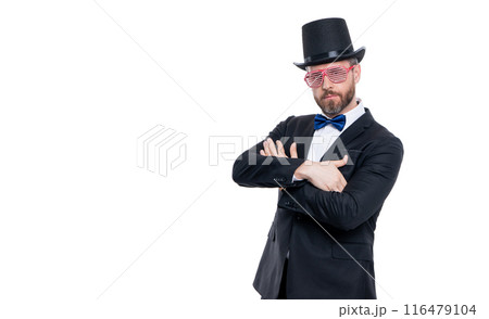 partygoer showman wear tuxedo in studio with copy space. showman partygoer having fun. partygoer showman wear tuxedo in studio with copy space. showman partygoer having fun. 116479104