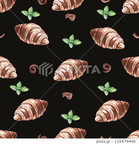 Seamless pattern with croissants, chocolate and mint on a black background. Watercolor illustration of coffee beans for wrapping paper, coffee shops, fabric printing 116479440