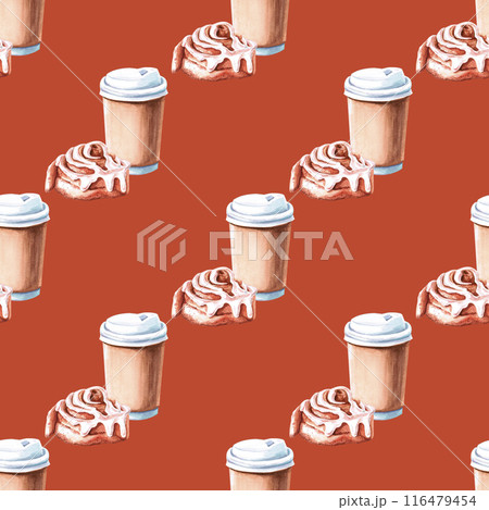 Seamless pattern with a cup of coffee in a watercolor illustration with a cinnamon bun. Hand drawn pattern for coffee shops, cookbooks, workshops, bakeries. 116479454