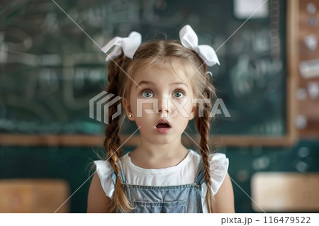 A surprised girl stands against the background of a board with formulas. Back to school. A surprised girl stands against the background of a board with formulas. Back to school. 116479522
