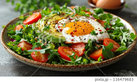 Rich plates of salad from green leaves mix and vegetables with avocado or eggs, generated AI 116479683