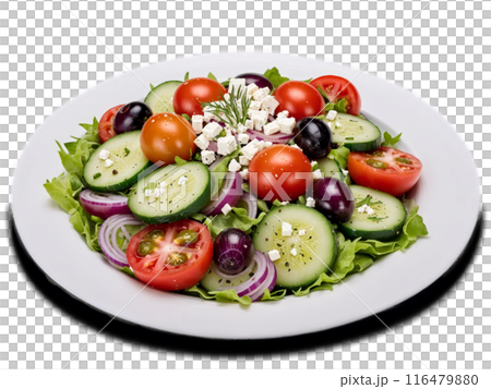Greek salad with juicy tomatoes crisp cucumbers red onions Kalamata olives and feta cheese 116479880