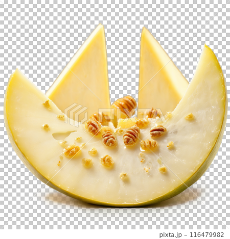 Gorgonzola cheese ivory wedge with blue veins accompanied by ripe pears and wildflower honey Culinary 116479982