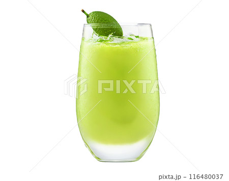 Avocado soda in a stemless wine glass avocado slices and lime wedges vibrant green splash 116480037