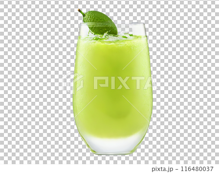 Avocado soda in a stemless wine glass avocado slices and lime wedges vibrant green splash 116480037