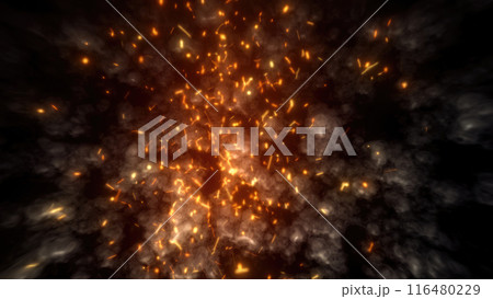 Abstract bright fiery sparks and dark gray bonfire smoke with fire, abstract background Abstract bright fiery sparks and dark gray bonfire smoke with fire, abstract background 116480229