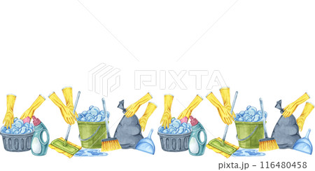 Cleaning scene with hands in yellow rubber gloves. Watercolor seamless border. Dynamic clipart for cleaning services, housekeeping businesses, digital content, website banners, promotional flyers 116480458