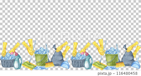 Cleaning scene with hands in yellow rubber gloves. Watercolor seamless border. Dynamic clipart for cleaning services, housekeeping businesses, digital content, website banners, promotional flyers 116480458