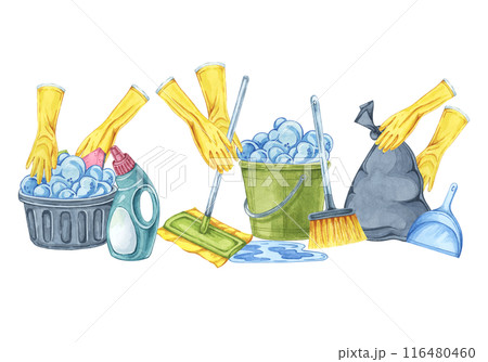Cleaning essentials, tidy up chores. Watercolor clipart for cleaning services, housekeeping businesses, digital content, classroom posters, brochures, website banners, social media, promotional flyers 116480460