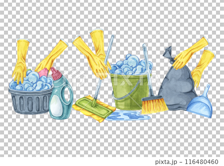 Cleaning essentials, tidy up chores. Watercolor clipart for cleaning services, housekeeping businesses, digital content, classroom posters, brochures, website banners, social media, promotional flyers 116480460