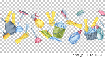Cleaning essentials seamless border. Watercolor banner clipart for janitorial services, housekeeping businesses, digital content, classroom posters, brochures, social media, promotional flyers Cleaning essentials seamless border. Watercolor banner clipart for janitorial services, housekeeping businesses, digital content, classroom posters, brochures, social media, promotional flyers 116480464