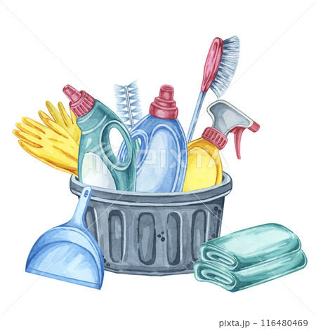 A black basket loaded with cleaning products including gloves, spray bottles, dustpan, cleaning cloth. Clipart for cleaning checklists, janitorial service marketing, and housekeeping tips articles 116480469