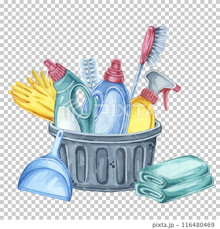 A black basket loaded with cleaning products including gloves, spray bottles, dustpan, cleaning cloth. Clipart for cleaning checklists, janitorial service marketing, and housekeeping tips articles 116480469