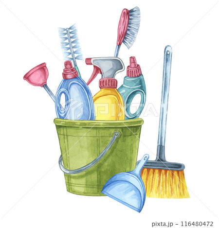 A green bucket with cleaning essentials like spray bottles, brushes, plunger, broom and dustpan. watercolor clipart for housekeeping manuals, DIY cleaning projects, and home organization blogs A green bucket with cleaning essentials like spray bottles, brushes, plunger, broom and dustpan. watercolor clipart for housekeeping manuals, DIY cleaning projects, and home organization blogs 116480472