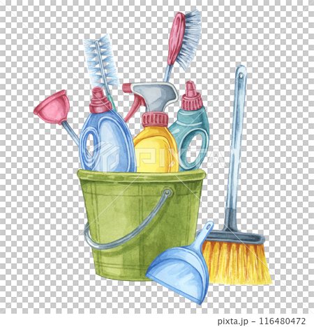 A green bucket with cleaning essentials like spray bottles, brushes, plunger, broom and dustpan. watercolor clipart for housekeeping manuals, DIY cleaning projects, and home organization blogs A green bucket with cleaning essentials like spray bottles, brushes, plunger, broom and dustpan. watercolor clipart for housekeeping manuals, DIY cleaning projects, and home organization blogs 116480472
