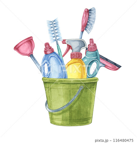 A green bucket with arranged cleaning supplies like spray bottles, brushes, plunger and a window squeegee. Clipart for housekeeping manuals, DIY cleaning projects, and home organization blogs A green bucket with arranged cleaning supplies like spray bottles, brushes, plunger and a window squeegee. Clipart for housekeeping manuals, DIY cleaning projects, and home organization blogs 116480475